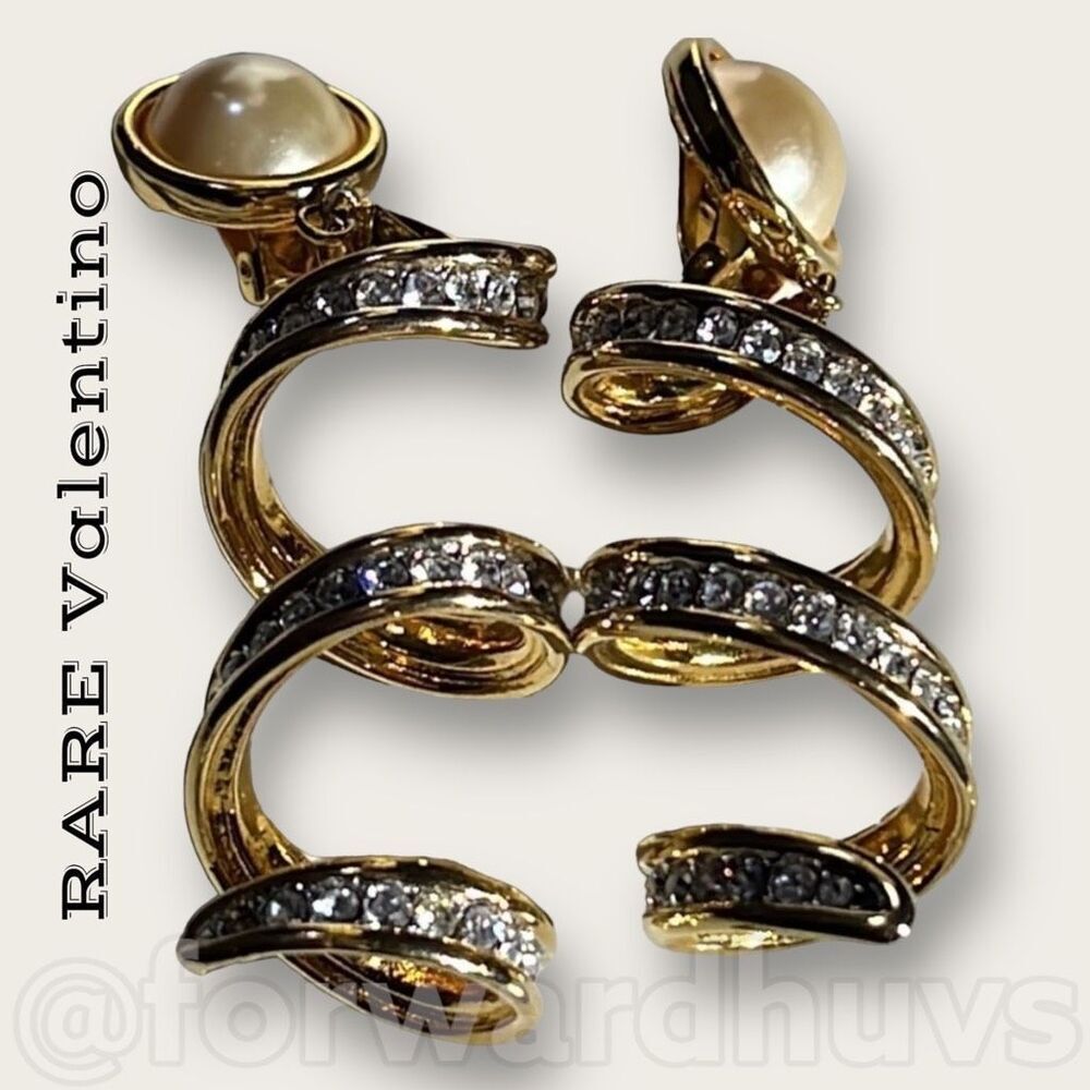 Vintage Valentino “V” Made in Italy Pearl / Rhinestone ClipOn Earrings